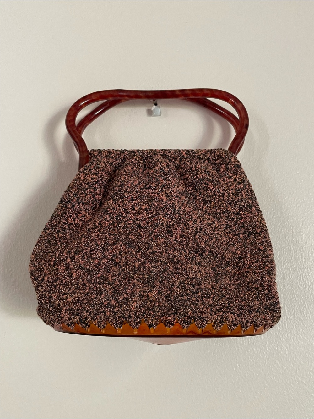 Vtg 1950s Boucle Knit Handbag Purse with Faux Tortoise Lucite Base and Handle
